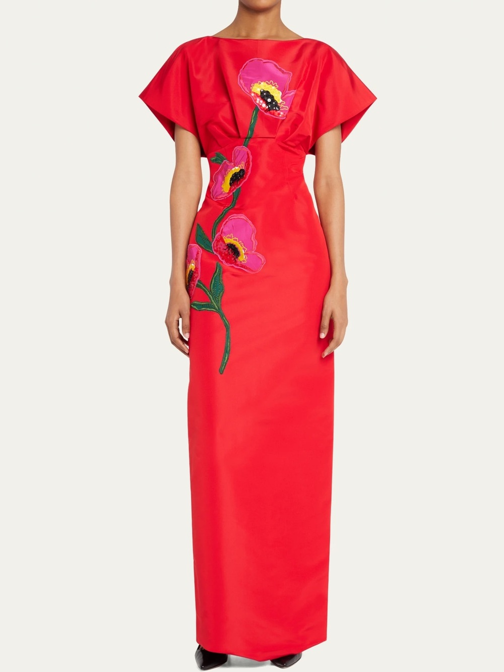 Carolina Herrera Red Maxi Dress with Pink Floral Applique ALTERED TO SIZE 0